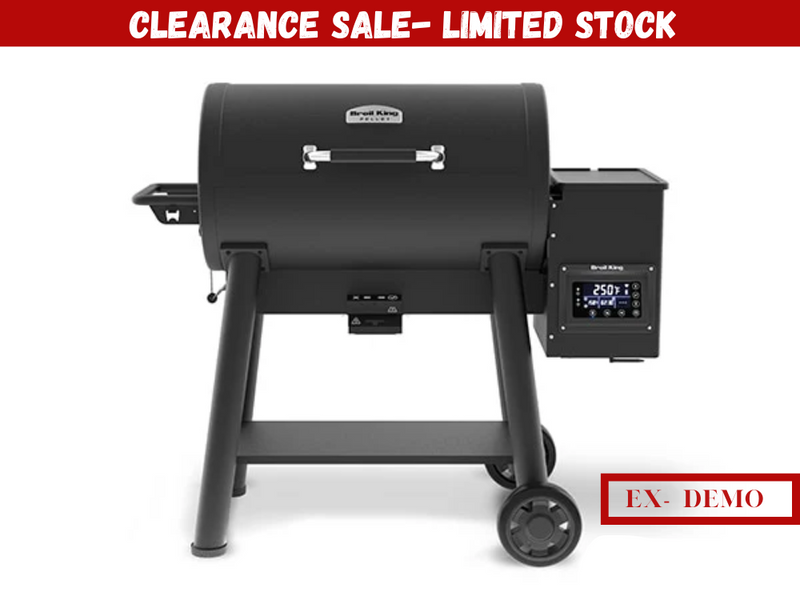 Broil King Baron 500 pellet smoker and grill with accessories, black in color, displayed with a 'Clearance Sale' tag.