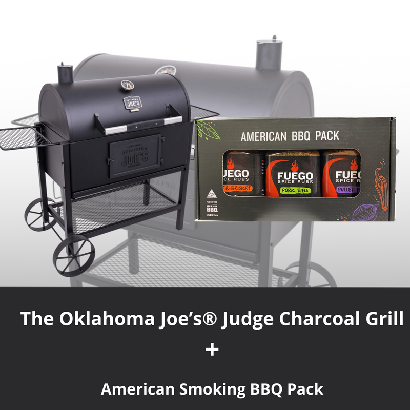 The Oklahoma Joe’s® Judge Charcoal Grill AND 3 Fuego Spice Rubs