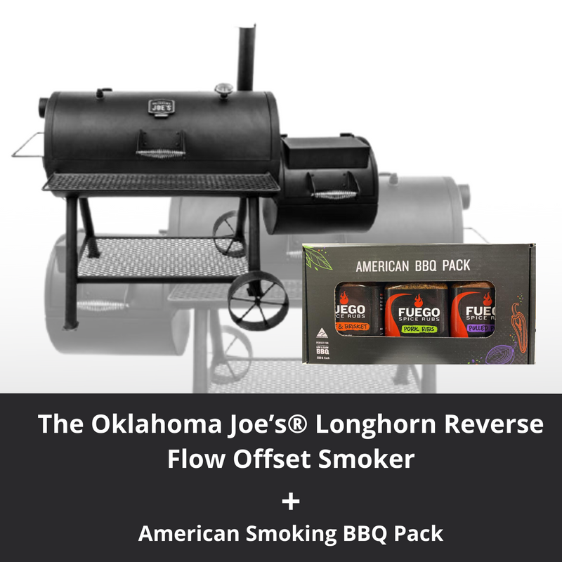The Oklahoma Joe’s® Longhorn Reverse Flow Offset Smoker AND 3 Fuego Spice Rubs