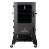 A black Masterbuilt Digital Charcoal Smoker with a glass window door, digital control panel, and wheels for mobility.
