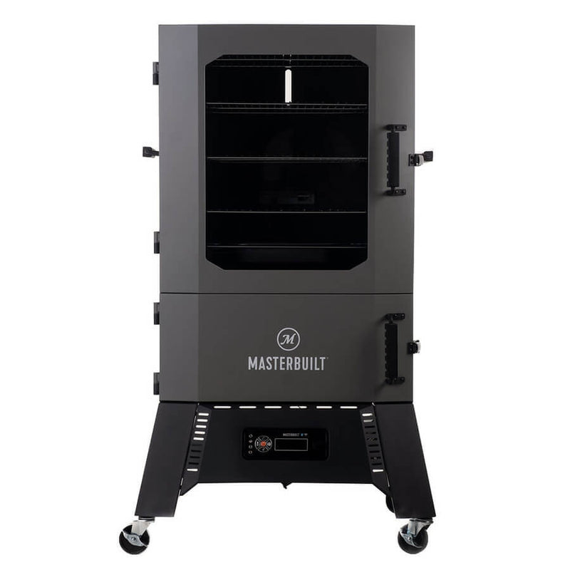 A black Masterbuilt Digital Charcoal Smoker with a glass window door, digital control panel, and wheels for mobility.